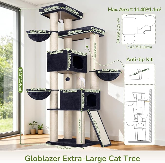 Globlazer 84" Multi-Level Large Cat Tree Tower with Extra Thick Full Sisal Scratching Posts, 2 Cat Condos, 3 Hanging Baskets, 2 Extra Large Platforms & Cat Scratching Ramp,S84, Dark Gray