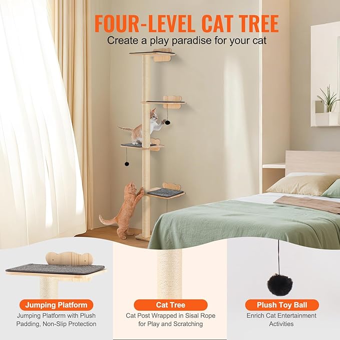 HAPPYBUY 4 Tiers Cat Tree, Cat Wall Furniture Set with 4 Jumping Boards, Wall-Mounted Cat Floating Shelf up to 40 lbs, 12 mm Pine Wood Cat Perch for Sleeping, Playing and Climbing