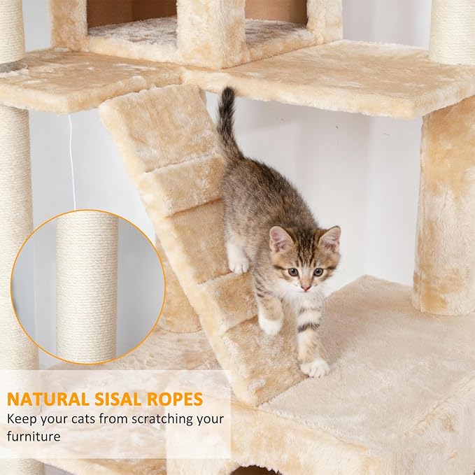 Extra Large Platform Cat Tree 69in Sturdy Cat Scratching Tree for Indoor Cats Large Adult Big Cat Perch Tower with 3 Padded Perches 5 Scratching Posts Cat Condo Hammock Beige