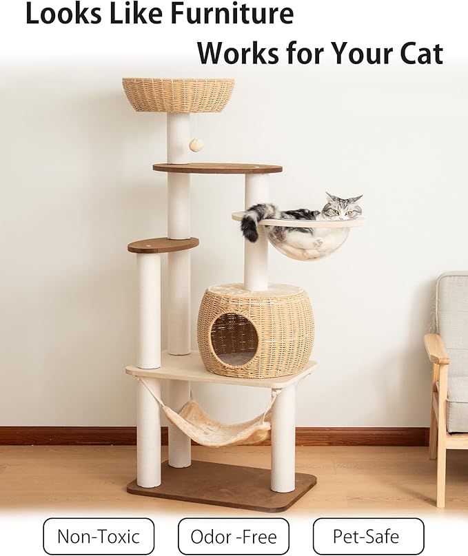 56.7in Large Wooden cat Tree for Large Multiple Cats,cat Tree with Observation Deck, Suitable for Summer and Winter 144CM (Particleboard)