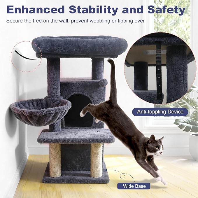 Tangkula Cat Tree Tower, 33.5 Inch Cute Cat Tower with 2-Tier Large Condo, Sisal Scratching Posts, Padded Top Perch, Dangling Toy, Rotatable Cozy Basket, Cat Climbing Furniture (Dark Gray)