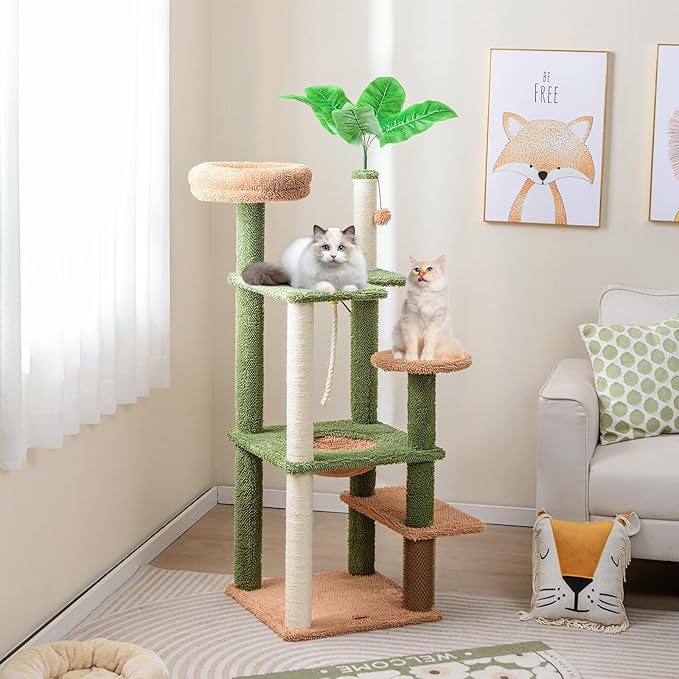 Tangkula Plant Cat Tree, 60 Inch Green Aesthetic Cat Tower with Sisal Scratching Posts, Artificial Leaves, Perch, Hammock, Self Groomer, Rope, Pompom Ball, Cute Cat Tree Tower for Indoor Cats