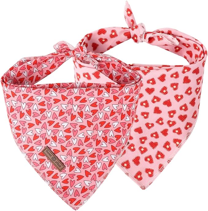 Lionet Paws Valentine's Day Dog Bandanas 2 Pack, Pink Dog Triangle Red Hearts Dog Kerchief,Adjustable Triangle Holiday Scarves for Medium Large Dogs Pets