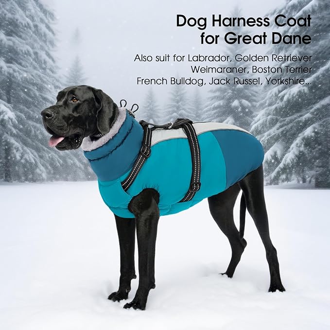SUNFURA Dog Coat, Dog Jacket for Large Dogs with Harness Built in, Warm Pet Winter Coat Zip Up Snow Jacket with Furry Collar for Boston Terrier, French Bulldogs, Turquoise L