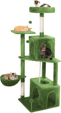 Cat Tree, 54-Inch Cat Tower for Indoor Cats,Plush Multi-Level Cat Condo with Scratching Posts, Basket, Perches,2 Caves,2 Pompoms(Green)