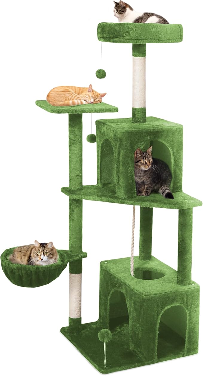 Cat Tree, 54-Inch Cat Tower for Indoor Cats,Plush Multi-Level Cat Condo with Scratching Posts, Basket, Perches,2 Caves,2 Pompoms(Green)