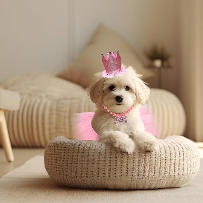 Dog Party Supplies Set - Pink Tutu Skirt, Birthday Hat, Necklace for Puppy Cat Halloween Wedding Costume