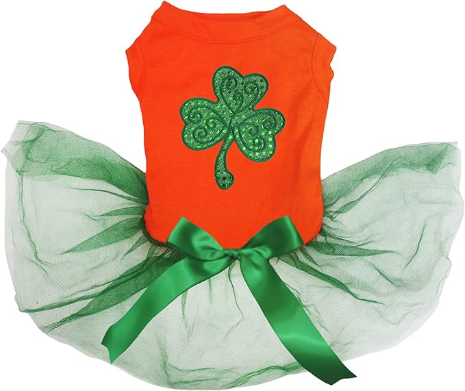 Petitebella Green Sequins Clover Puppy Dog Dress (Orange/Green, X-Small)