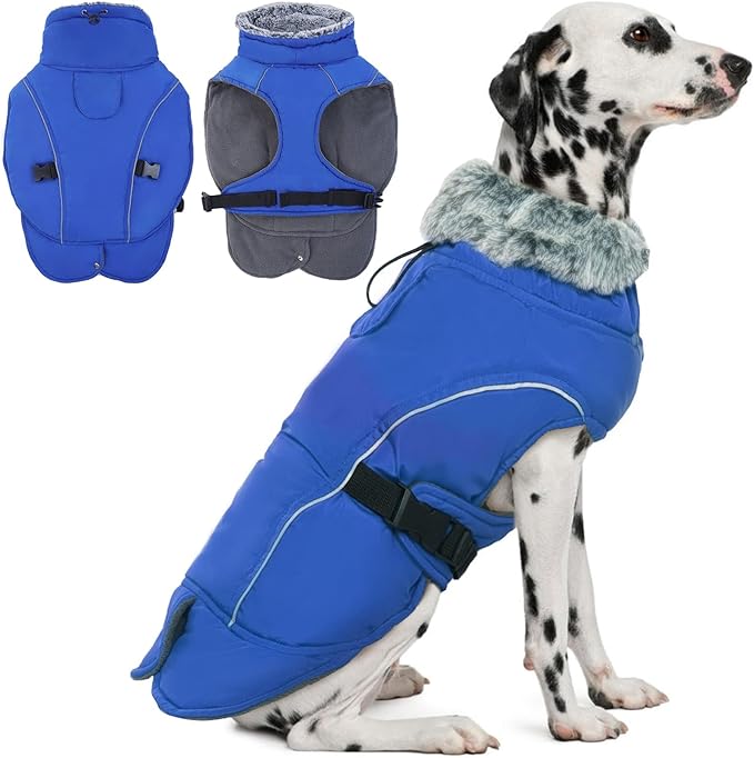 DENTRUN Winter Warm Dog Coat Reflective Jacket with Turtleneck for Cold Weather, Adjustable Buckle Windproof Water Repellent, Thick Snowsuit Fleece Vest for Small, Medium, Large Dogs, Blue, XXXL