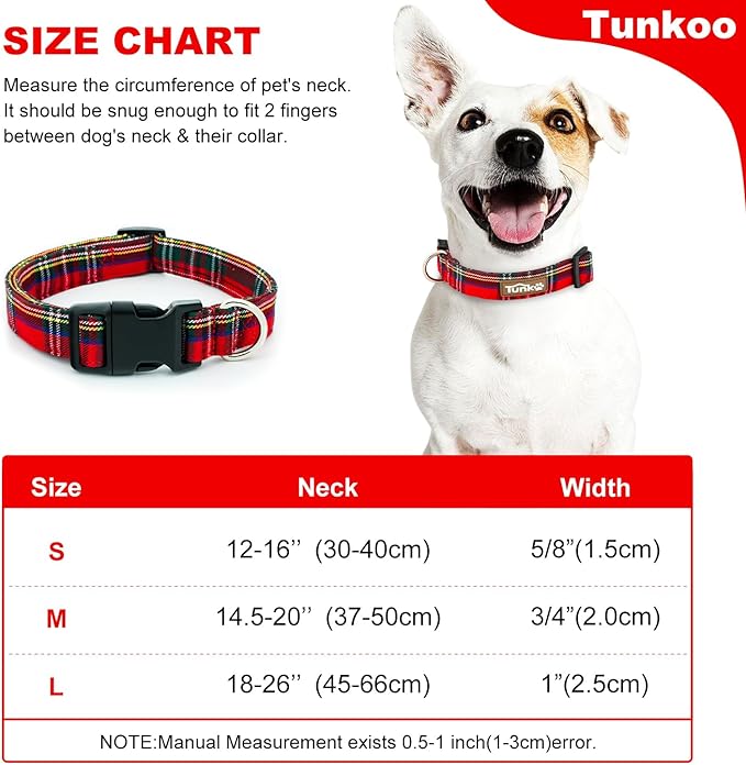 Tunkoo Christmas Plaid Dog Collar, Cute Adjustable Red Collar for Boy and Girl Dogs, Dog Collar with Strong Plastic Buckle - for Small Medium Large Pets, S