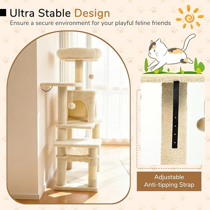 DORTALA Cat Tree for Indoor Cats, 44" Modern Cat Tower with Top Perch, Condo, Hammock, Sisal Scratching Posts, Dangling Balls, Platforms, Multi-Level Pet Climbing Furniture Playground (Beige)