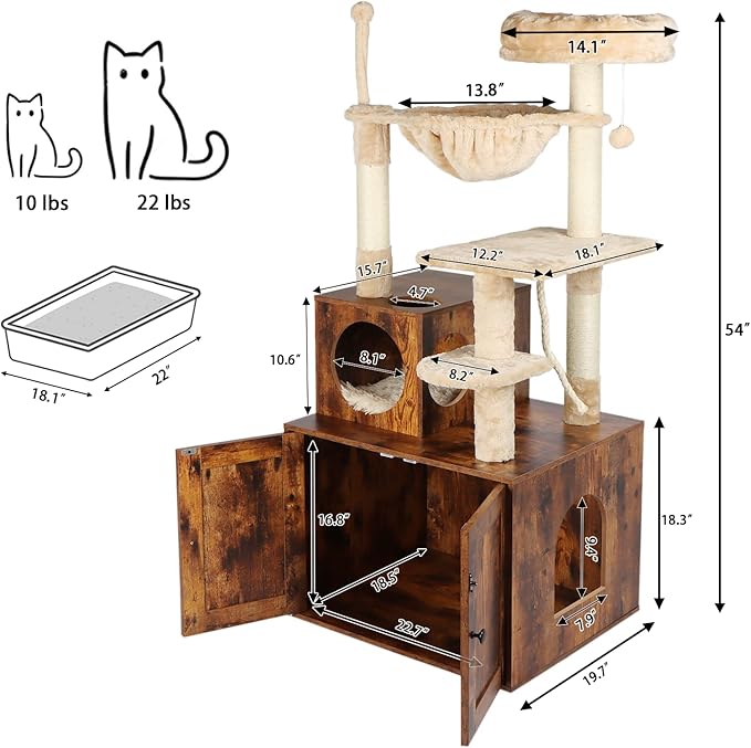 Two Cat Tree with Litter Box Enclosure Bundle, 2-in-1 Cat Tower for Indoor Cats, Large Cat Furniture, Wood Cat Condo