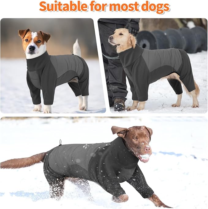 BRKURLEG Full Body Dog Winter Coat Warm Fleece Pullover Pajamas, Four Legs Covered Windproof Dog Jacket for Small to Large Dogs, Turtleneck Dogs Snowsuit, Pet Cold Weather Clothes, Grey L