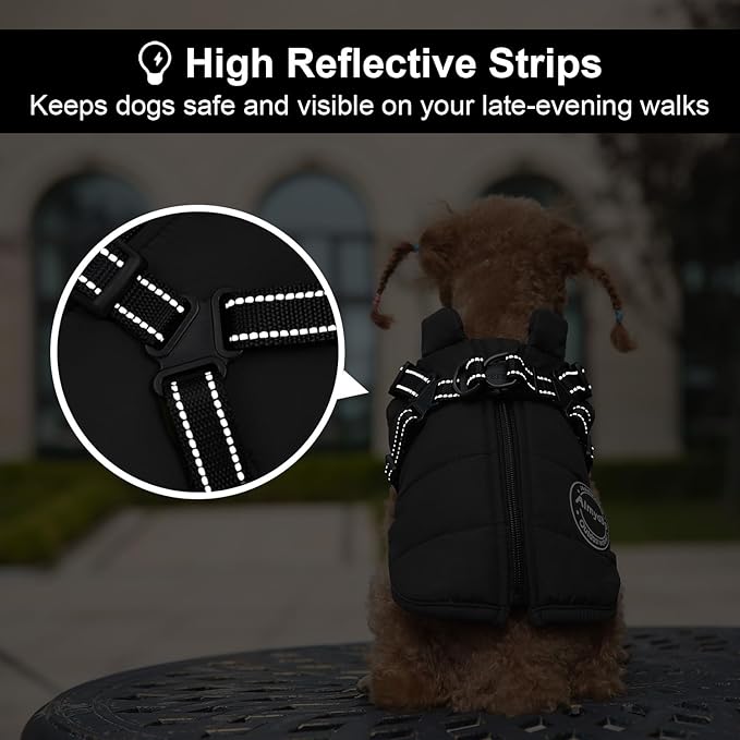 Warm Dog Winter Coat, Windproof Dog Cold Weather Jacket, Reflective & Adjustable Black Pet Vest with Harness, Thick Polar Fleece Lining Cozy Apparel for Small Medium Cats