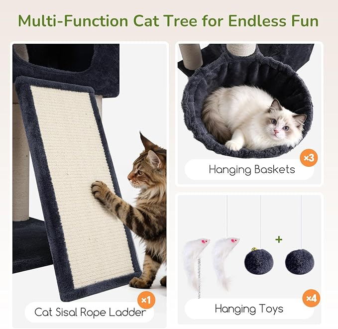 Globlazer 84" Multi-Level Large Cat Tree Tower with Extra Thick Full Sisal Scratching Posts, 2 Cat Condos, 3 Hanging Baskets, 2 Extra Large Platforms & Cat Scratching Ramp,S84, Dark Gray