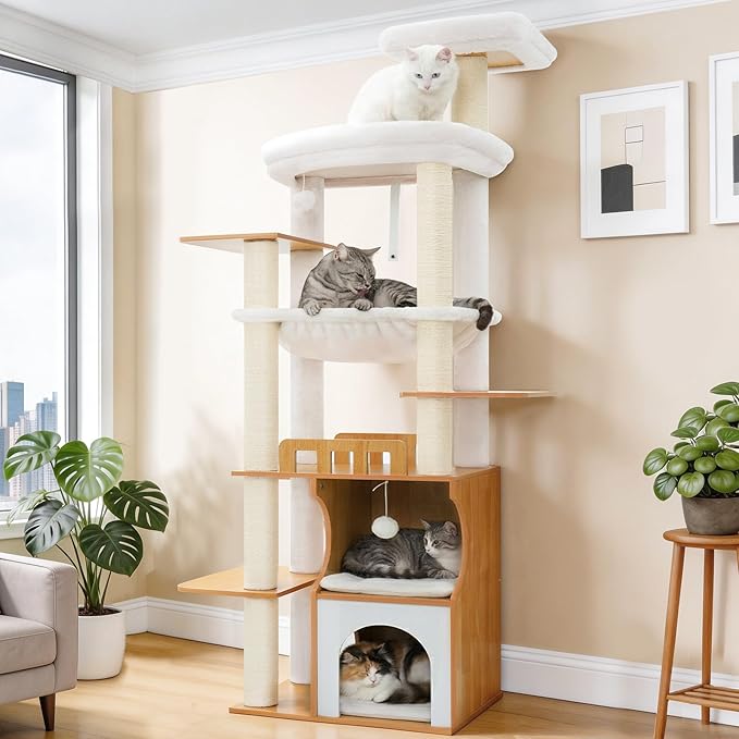 Cat Tree, 70.9 Inch Wood Cat Tower for Large Cats Adult, Modern Cat Furniture with Double-Layer Wooden Cat Condo, 2 Platforms, Large Hammock and Scratching Posts, Walnut GCT102WB