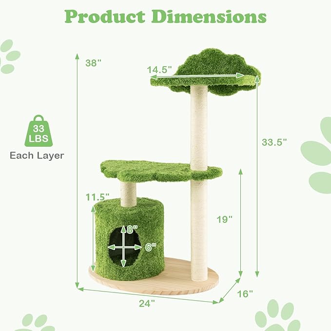 Tangkula Cat Tree Tower, Multi-Level Modern Wood Cat Tower with Sisal Scratching Posts, Top Perch, Solid Wood Base, Cute Cat Condo, Small Cat Tree for Indoor Cats Large Adult (38 Inch)