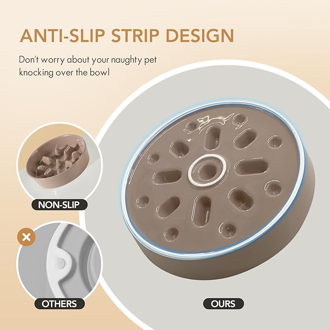 Ceramic 1.2 Cup Raised Slow Feeder Dog Bowl Set, Elevated 6.1inch Bowl and 7.3inch Slow Pet Food Dish with Wooden Stand for Small and Medium Dog (2 x Brown Coffee+ Stand)