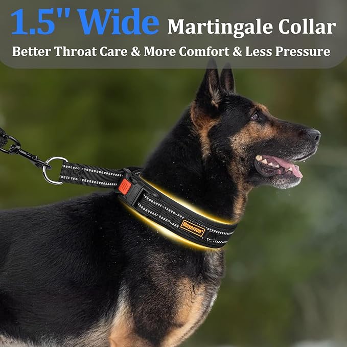 Mayerzon 1.5" Wide Martingale Collar for Large Medium Small Dogs Pitbull German Shepherd, No Pull Reflective Slip & Martingale Dog Collar with Buckle Soft Padded for Walking Training(Black,XXL)