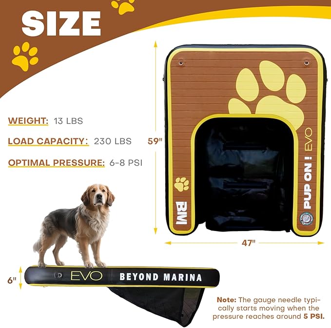 Beyond Marina Dog Pool Ramp - Inflatable Dog Water & Boat Ramp for Lake, Floating Pontoon Dock Ladder with Non-Slip EVA, PUP ON Full EVA, Extra Large 59" x 47" x 6", Teak/Yellow, Supports 230 lbs