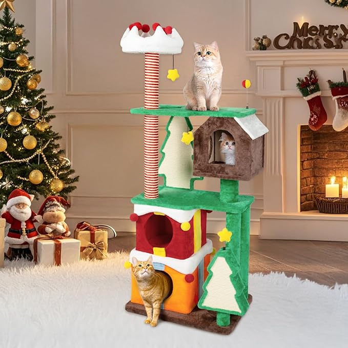 KAMABOKO Christmas Cat Tree Cat Tower with Cat Condos, 68.9" Multi-Level Top Perches, Sisal Ramp Scratching Posts, Cozy Basket, Hammocks, Large Cats Pet Activity Structure