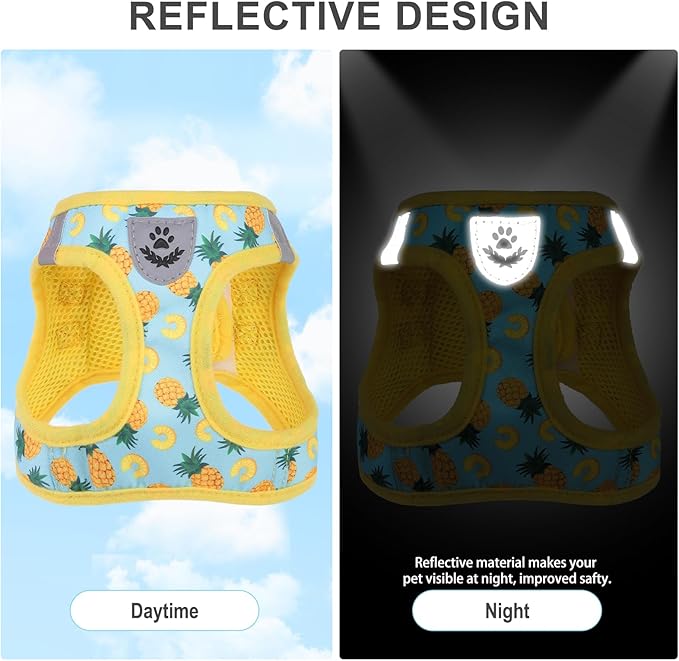 EXPAWLORER Small Dog Harness and Leash Set - Cute Puppy Harness Leash Dog Collar with AirTag Holder Silicone Case, Soft Padded Step in Pet Vest Reflective for Outdoor Walking, Pineapple S