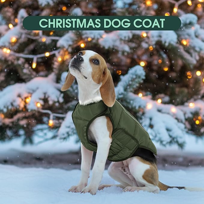 Kuoser Dog Puffer Jacket Warm Dog Coat for Small Dogs, Windproof Reflective Pet Padded Vest Cold Weather Clothes Puppy Snowsuit with Hook & Loop Coats, Easy On/Off, Green S