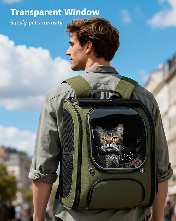 Pecute Cat Backpack Carrier Expandable, Large Space Cat Bubble Backpack, Breathable Cat Carrier, Shaded Dog Backpack Carrier for Travel, Hiking, Vet,12.6" L x 10.2" W x 16.5" H,Green