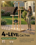 60" Tall Outdoor Cat Tree, Cat Tower Weatherproof for Patio, Garden, Balcony, Durable 4-Tier Natural Wood w/Scratching Posts for Multiple Cats,Outside&Indoor Adult Cats and Kittens Play, Climbing
