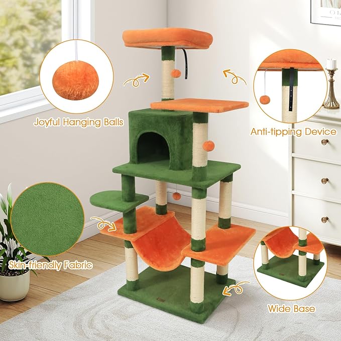 PETSITE Multi-Level Cat Tree, 58 Inches Tall with Sisal Scratching Posts, Condo, Hammock, Dangling Balls, Jumping Platforms, and Cozy Top Perch, Ideal for Indoor Cats to Play and Rest (Green)