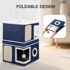 Shikha 2-Storey Cat Houses for Indoor Cats, Dual-Purpose Double Large Cat Beds Cave with Hideaway Condos, Scratch Pads, Fluffy Balls, Foldable Indoor Cat Cube House for Multi Small Pets Kitten, Blue