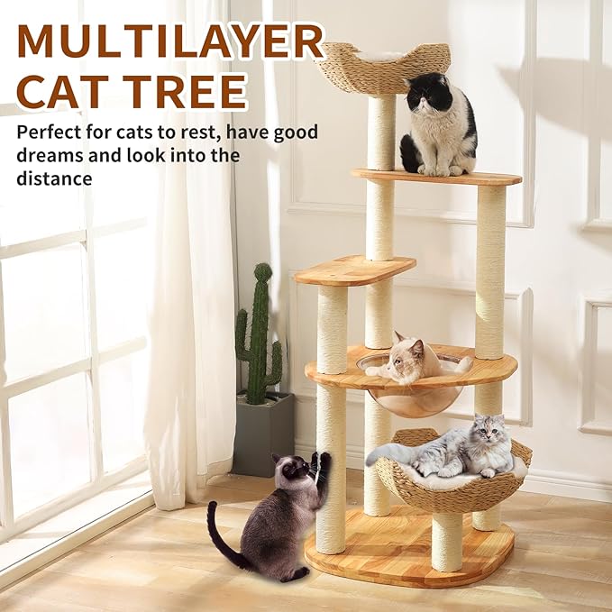 Cat Tree for Indoor Cats, 61'' Multi-Level Solid Wood Cat Tower for Large Adult Cats, Heavy Duty Modern Cat Tree with 9 Sisal Rope Posts, 3 Spacious Perches & Cozy Basket, Stable and Easy to Assemble