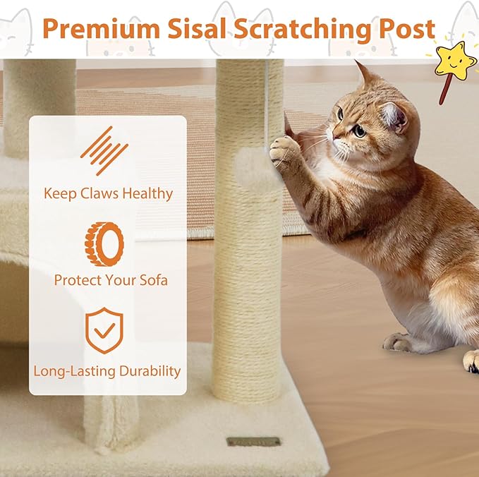 DORTALA Small Cat Tree, Cat Tower with Condo, Top Perch, Sisal Scratching Post & Hanging Ball, Pet Furniture Activity Center for Indoor Kittens Playing (Beige)