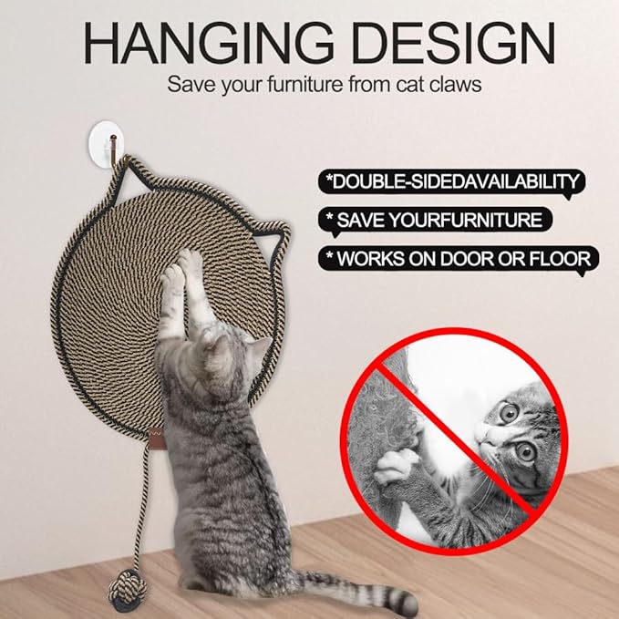 Personalized Cat Scratcher Mat, Customized with Name Text Natural Cotton Rope Round Horizontal Cat Scratching Pads with Ball Toy, Cat Furniture Protector for Wall, Couch, Carpets, Sofa (Chocalate)