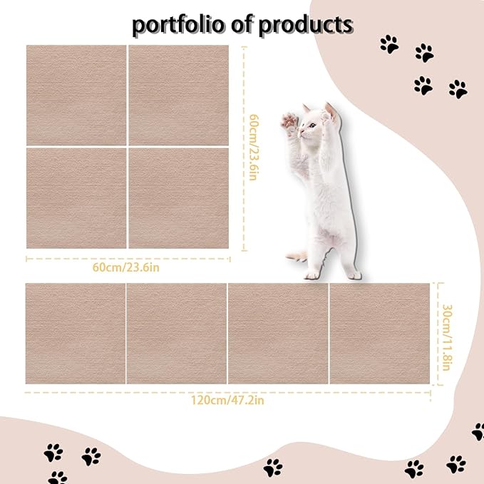4 Pack Total 24"x 24" Cat Scratch Mat for Couch Furniture and Wall Protector | Trimmable Self-Adhesive Cat Scratch Furniture Protector (Beige)