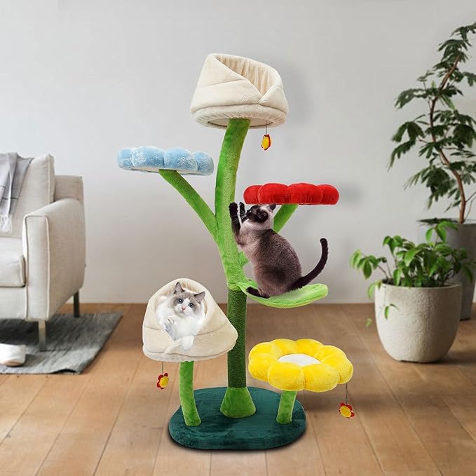 Cat Tree,Cat Activity Tree,Flower-Themed Colored Cats Tree,Cute Cats Tree with Flower Platforms&Scratching Posts for Kittens and Large Cats (Colored Cat Tree)