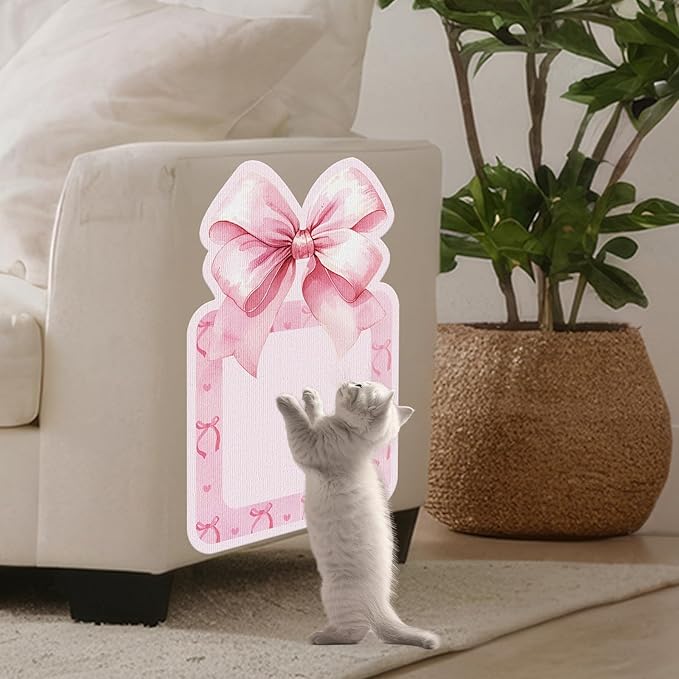 JarThenaAMCS 2Pcs Valentine's Day Cat Scratch Mats Pink Bowknot Couch Furniture Protector Bow Self-Adhesive Wall Mounted Cat Scratcher for Carpet Corner Pet Grinding Claws, 19.7 x 28.7 in