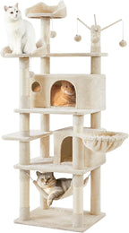 Yaheetech Cat Tree, 67in Large Tower w/ 3 Removable Teaser Sticks, 2 Kitten-Ear Shaped Perches, 2 Condos, Hammock, Scratching Post, Multi Level Pet House, Beige