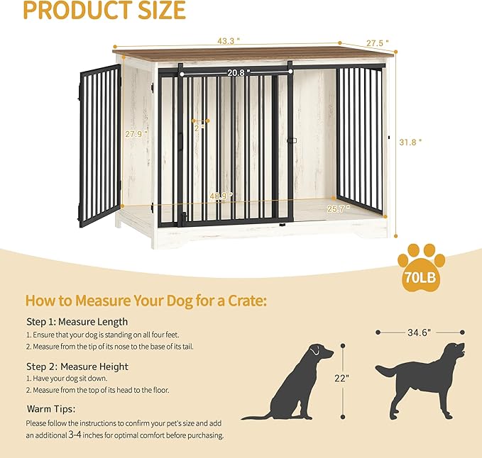 43.3" Dog Crate Furniture with Barn Door, Heavy Duty Dog Kennel Indoor with 2 Doors, Wooden Pet Cage End Table for Large Small Medium Dogs, Anti-Chew Anti-Escape, White Brown DFC92314B