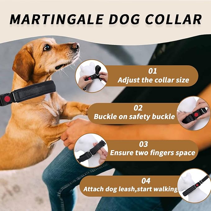 Martingale No Pull Dog Collar for Large Medium Small Dogs, Heavy Duty Nylon Reflective Adjustable Anti Pull Slip Collar with Buckle for Training Walking S Black Black