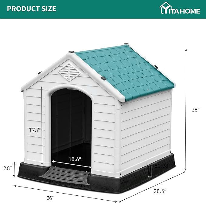YITAHOME Plastic Dog House, Waterproof Indoor Outdoor Doghouse for Large or Small Dog, with Air Vents and Elevated Floor, Easy Assemble and Clean