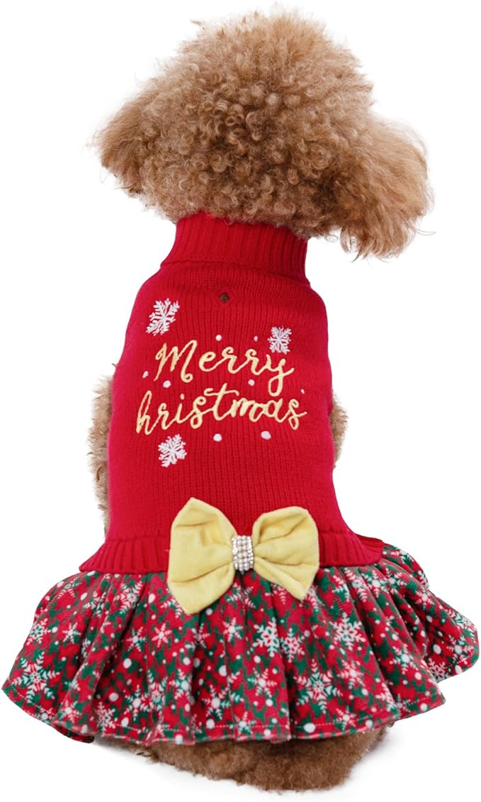 CuteBone Christmas Dog Sweater Dress Turtleneck Puppy Sweater with Bowtie Harness Hole Pullover Winter Dress for Medium Dogs DS53XXL