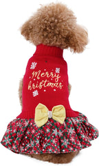 CuteBone Christmas Dog Sweater Dress Turtleneck Puppy Sweater with Bowtie Harness Hole Pullover Winter Dress for Medium Dogs DS53XXL