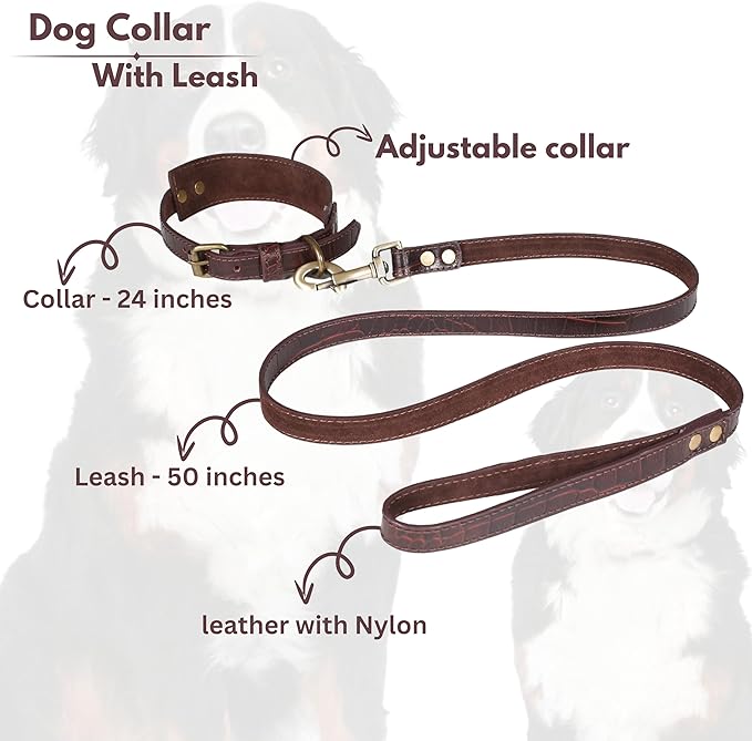 Lightnpro Genuine Leather Dog Collar & Leash Set - Adjustable 24" Collar with Metal Buckle + Durable Lead - Premium Walking & Training Gear for Large Breeds (German Shepherd, Bernese, St. Bernard)