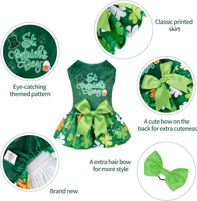CuteBone St.Patrick's Day Dog Green Dress Velvet for Small Dogs Girl Puppy Dresses Clover Dog Clothes CVA13S-D