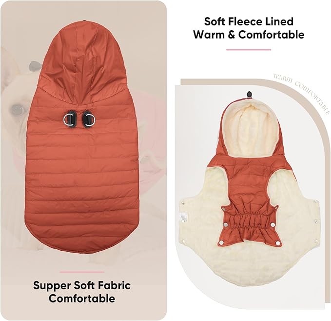Fleece Lining Dog Hoodie with Harness Built in,Extra Warm Medium Dog Jacket in Winter Doggie Coats with Drawstring Hooded,Orange L