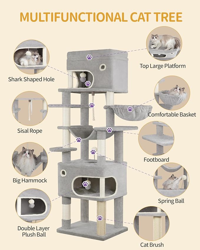 Cat Scratching Post, 70.1" Multi-Layer Cat Tree with Large Platform, 2 Caves, 7 Sisal Posts, Pompoms, Cat Basket, Hammock, Suitable for Cats, Light Gray MS17818LG