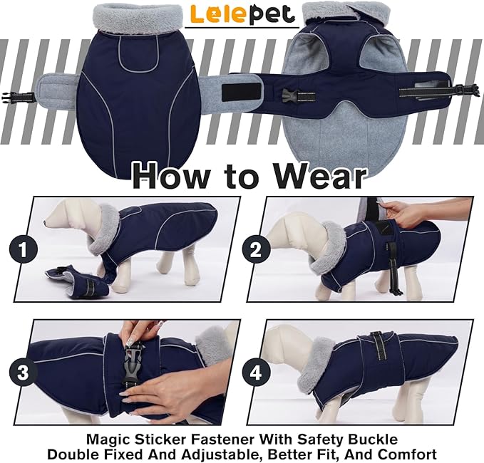 Lelepet Warm Dog Coat Waterproof Dog Jacket for Large Dogs Reflective Fleece Vest with Adjustable Buckle Hook & Loop Windproof Cold Weather Coats for Small Medium Large Dogs, Navy Blue, XXL
