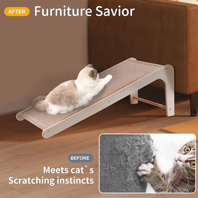 Sisal Cat Scratchers for Indoor Cats, 26.8'' L-Shape Cat Scratching Board, Solid Wooden Cats Scratch Pad with Mouse Toy, Large Cats Scratching Posts to Protect Furniture(Ramp Scratcher)