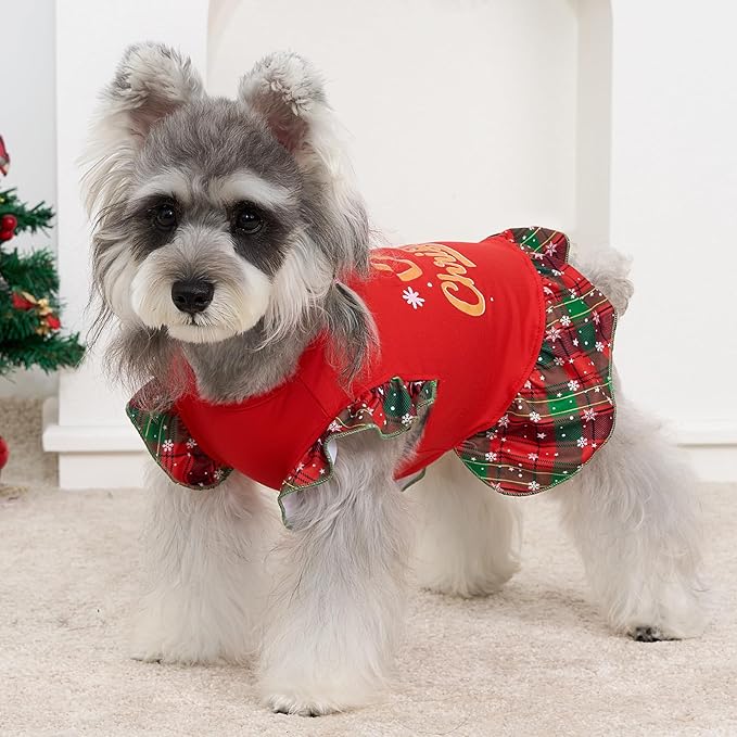 XPUDAC 4 Pack Christmas Dog Dress Plaid Puppy Clothes for Small Dogs Girl Cute Pet Outfit Doggy Apparel Cat Holiday Party Costume, Red, Green, S